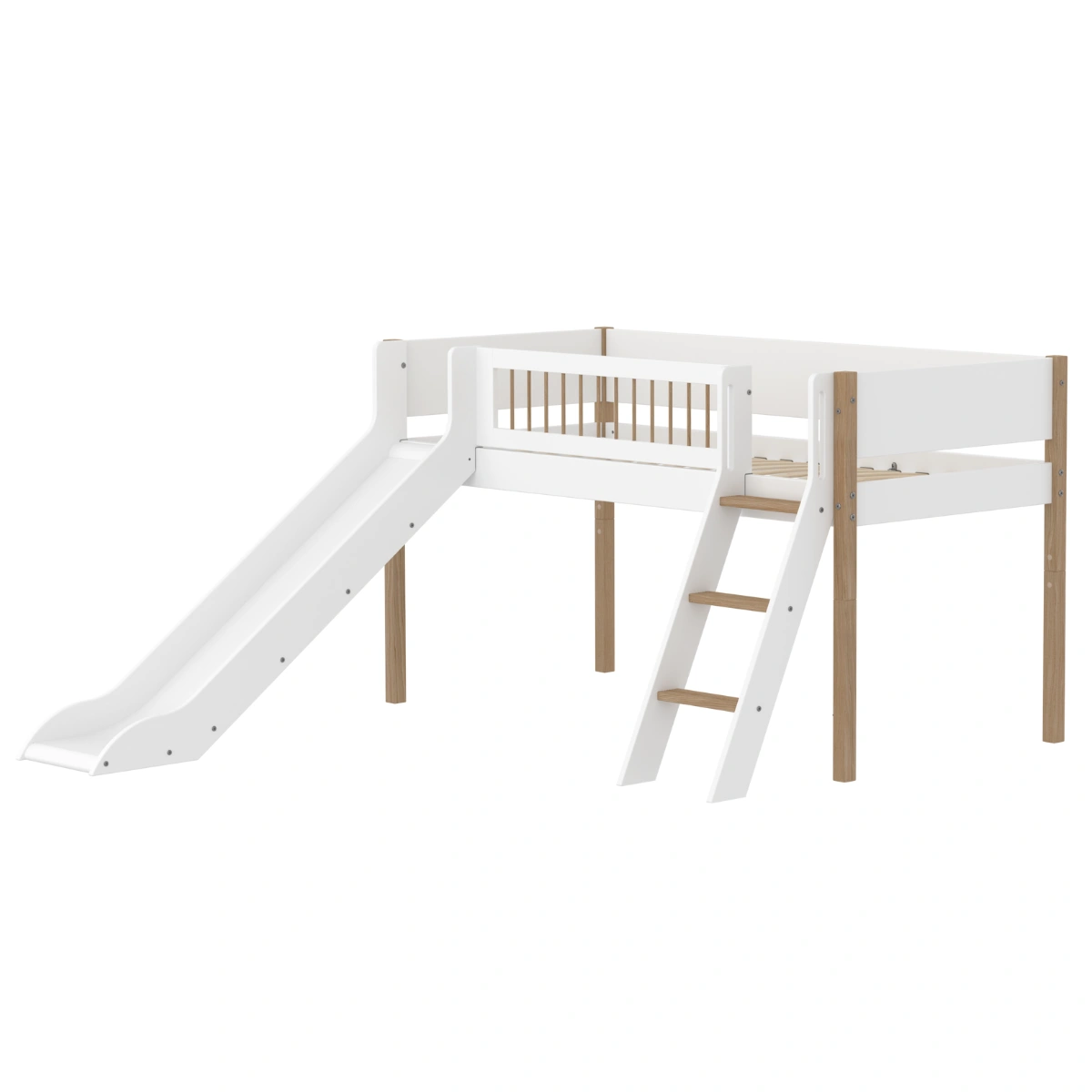 NOR系列 兒童滑梯斜梯半高床(柵欄型護欄)-白橡木色